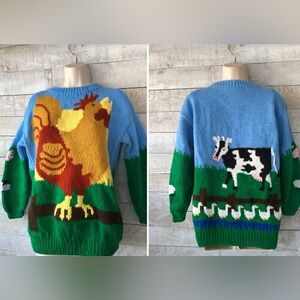 Hand knit sweater Farmhouse Rooster Cow Ducks Pig Sheep